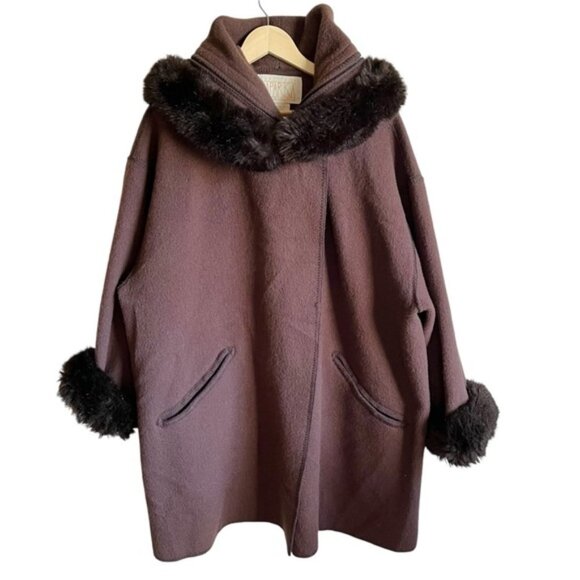 Linda Lundström Wool Laparka Brown Faux Fur Coat XL Vintage - Picture 2 of 16